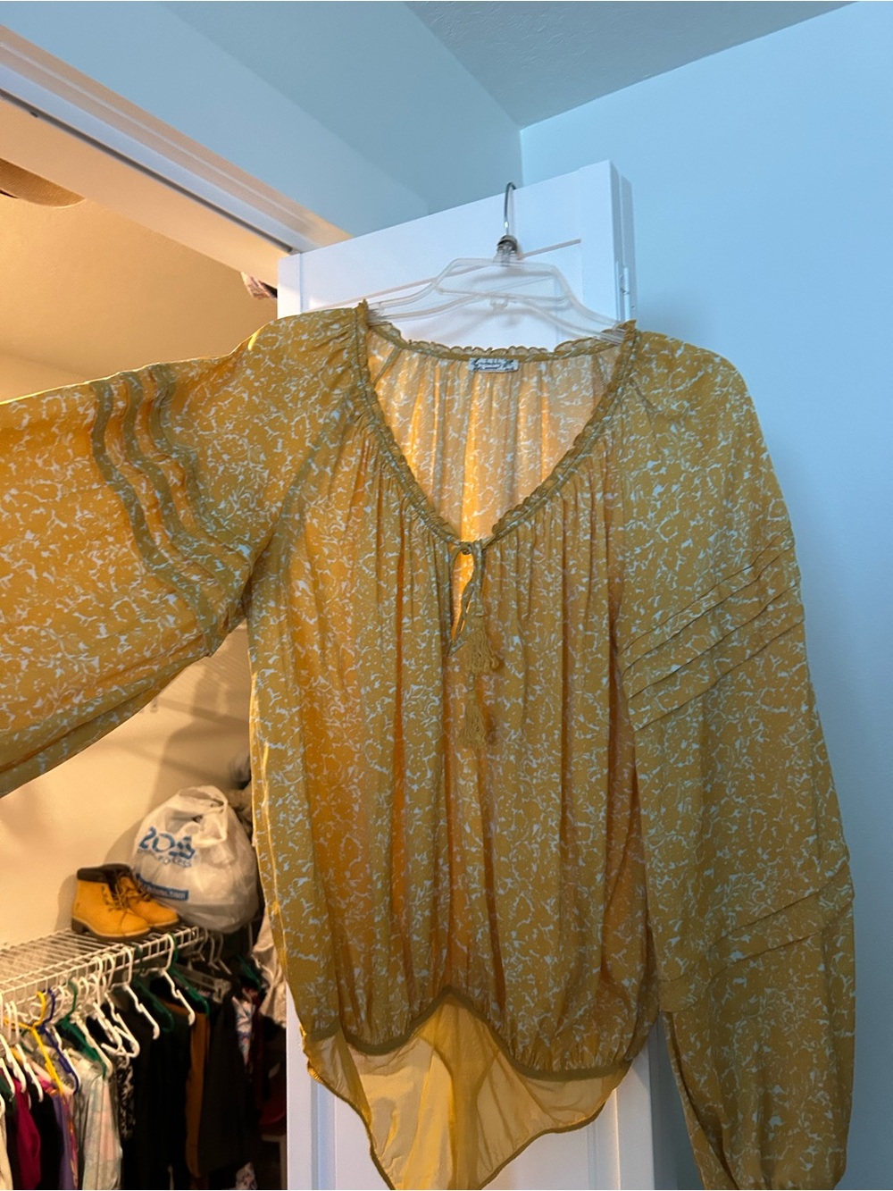 Free People Mustard Yellow Printed Peasant Blouse